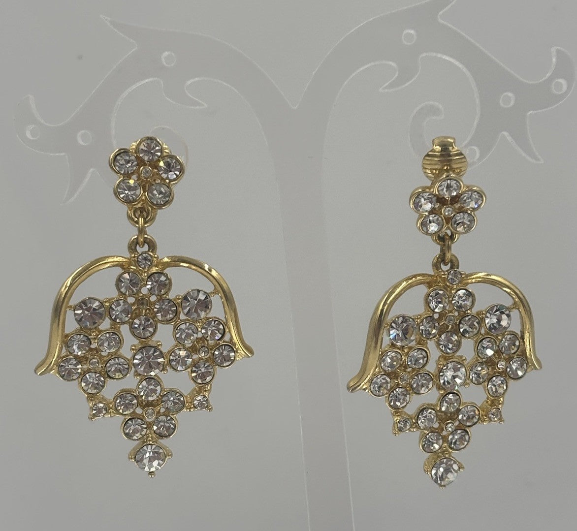 Vintage Barcs Clip On Earrings Gold Tone Chandelier Floral Rhinestone Sparkle
