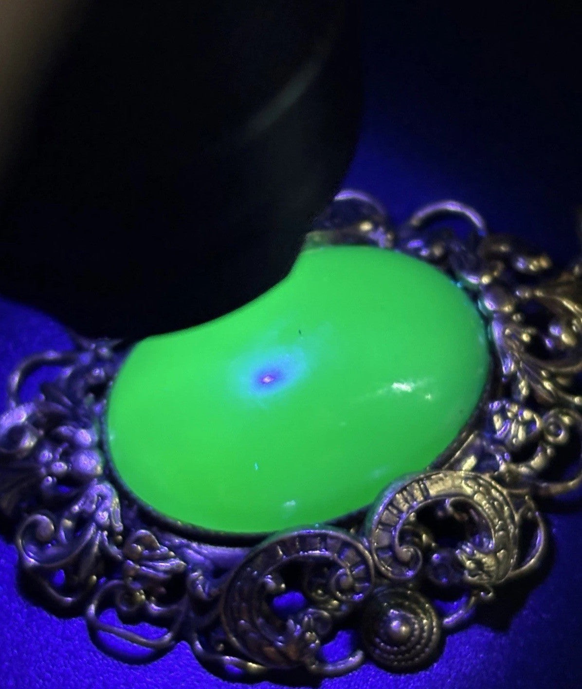 Antique Czech Uranium Glass Pendant Art Nouveau Brass Filigree Gold Filled