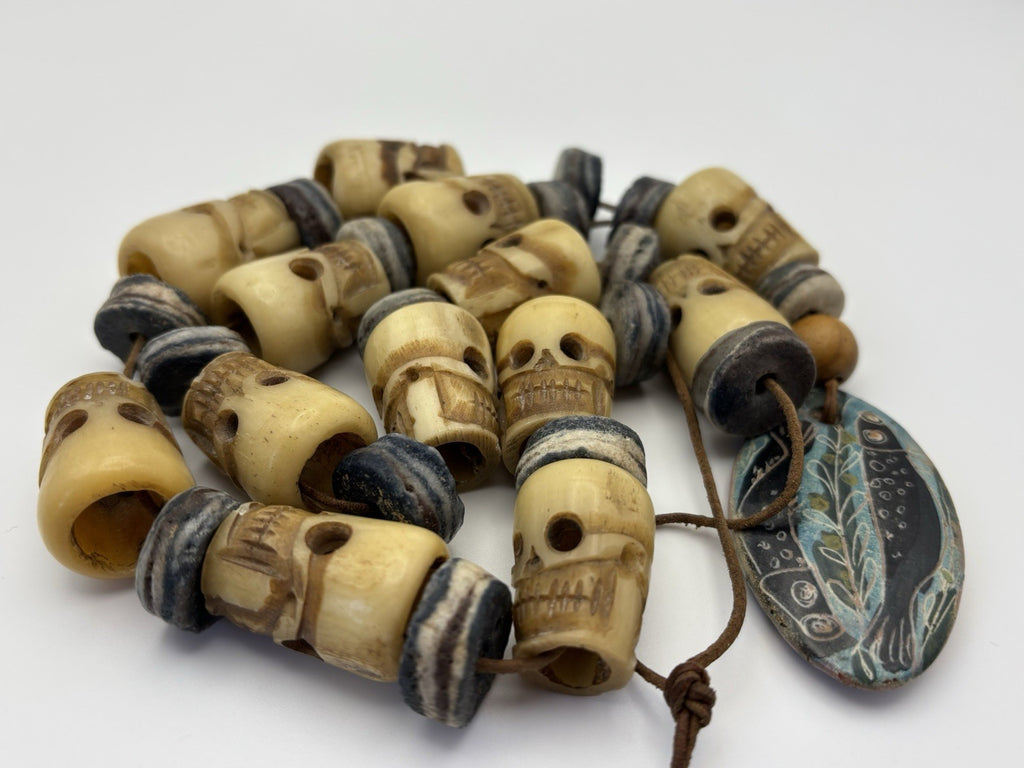 Antique Attributed Tibetan Style Skull Mala Necklace Carved Bone