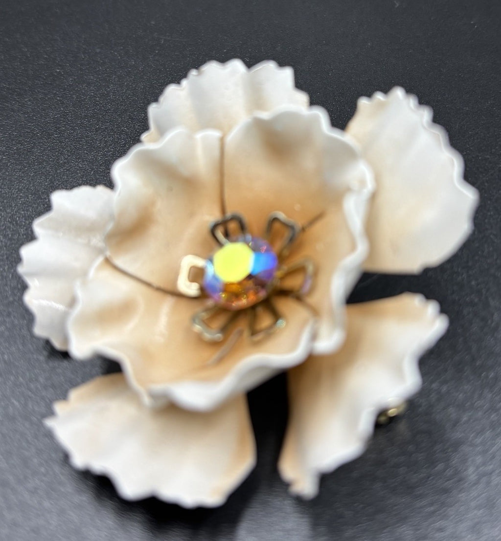 Vintage Blush Peach White Enamel Layered Metal Flower Brooch AB Rhinestone