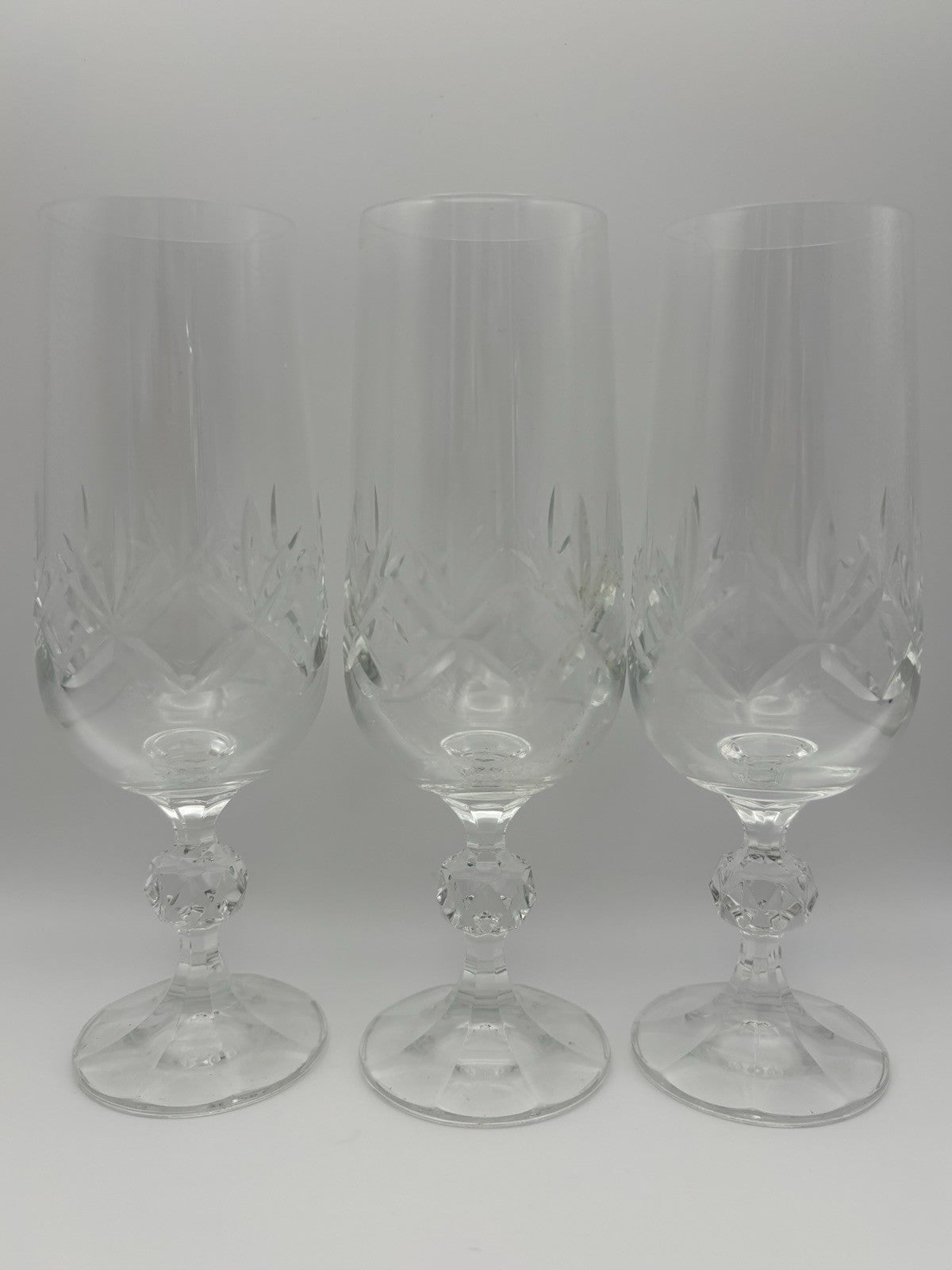 Vintage Cut Crystal Ball Stem Champagne Flutes Set of 3 Glassware