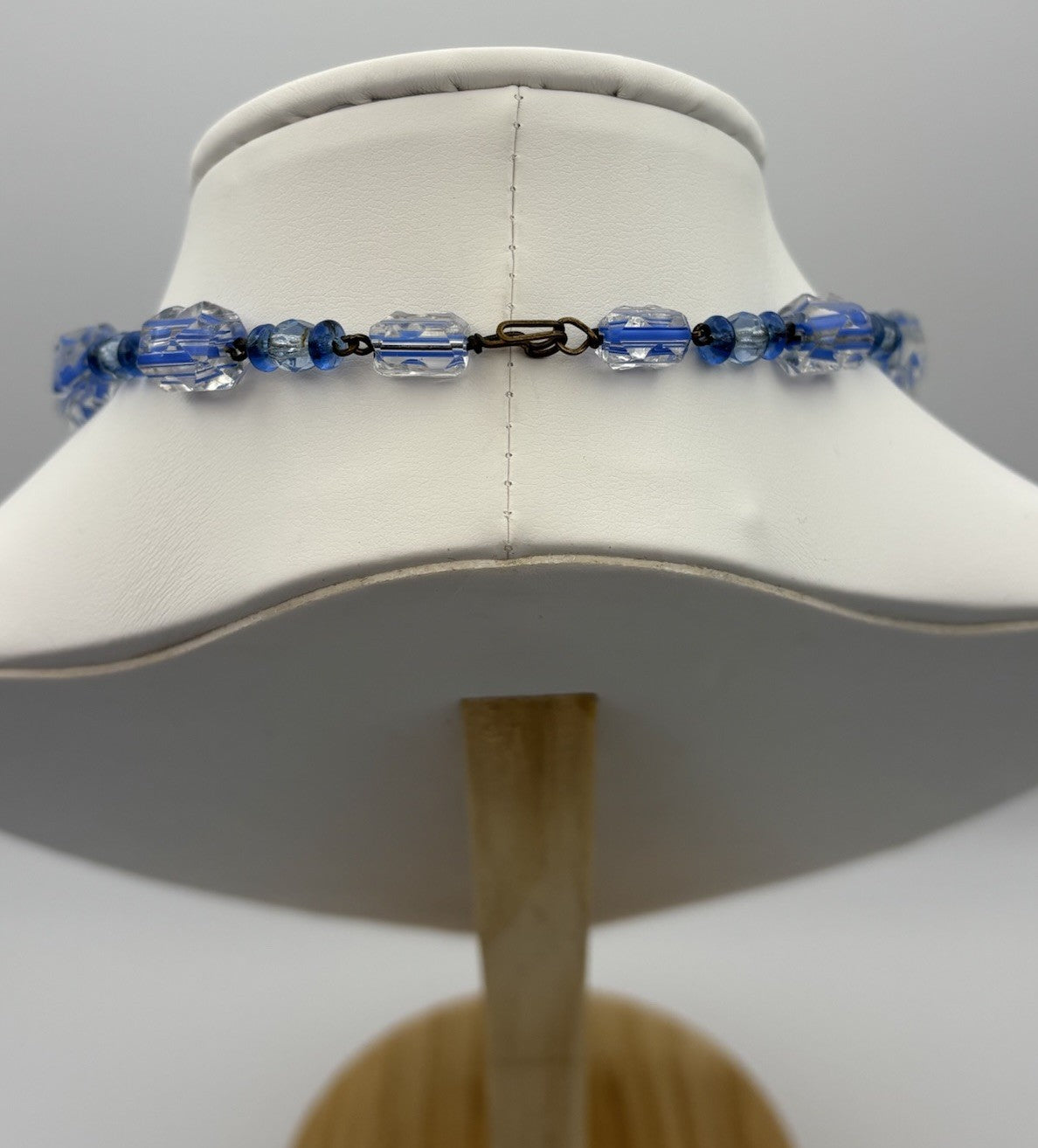 Vintage Czech Blue Glass Bead Necklace Striped Bohemian Mid Century Jewelry