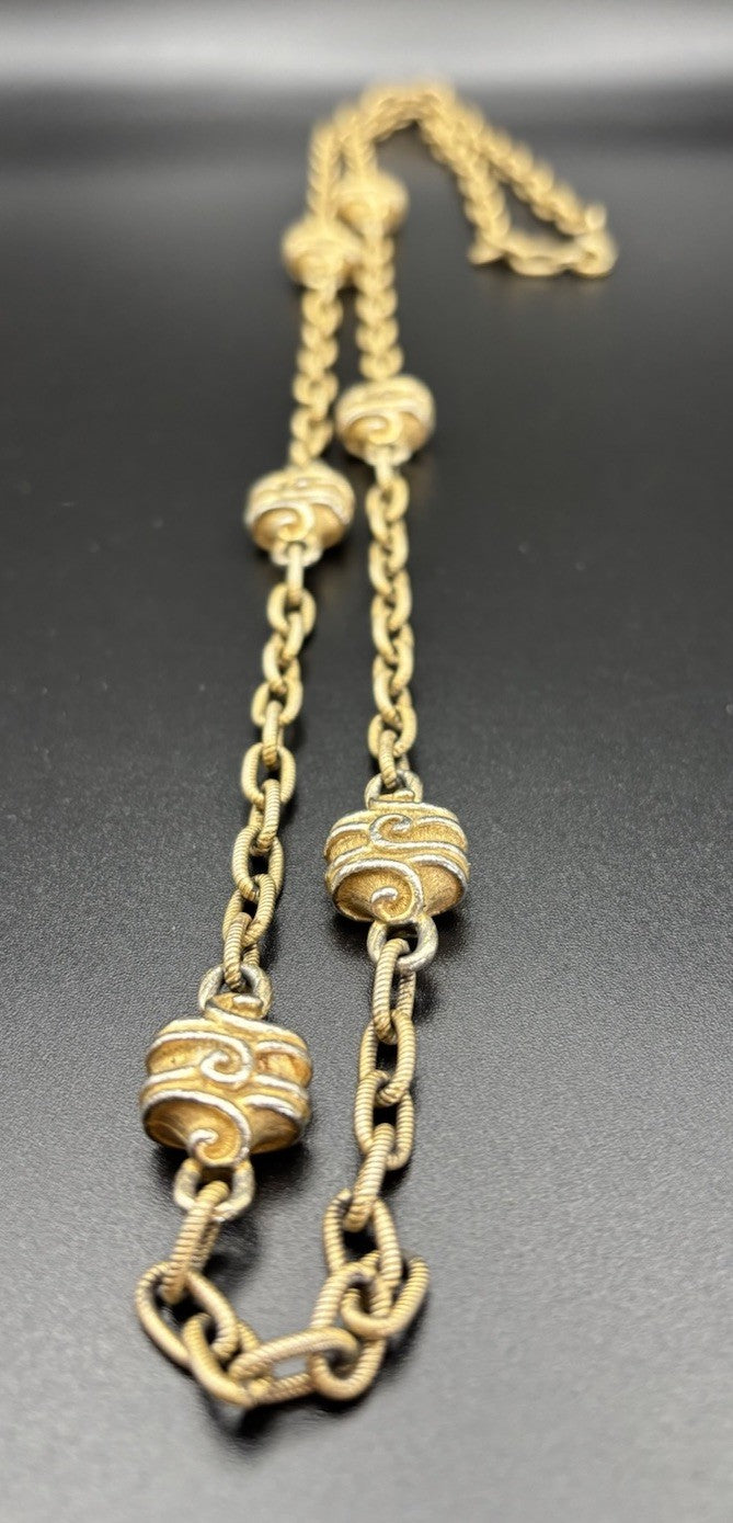 Vintage Long Gold Tone Chain Necklace Ornate Baroque Scroll Stations 92cm