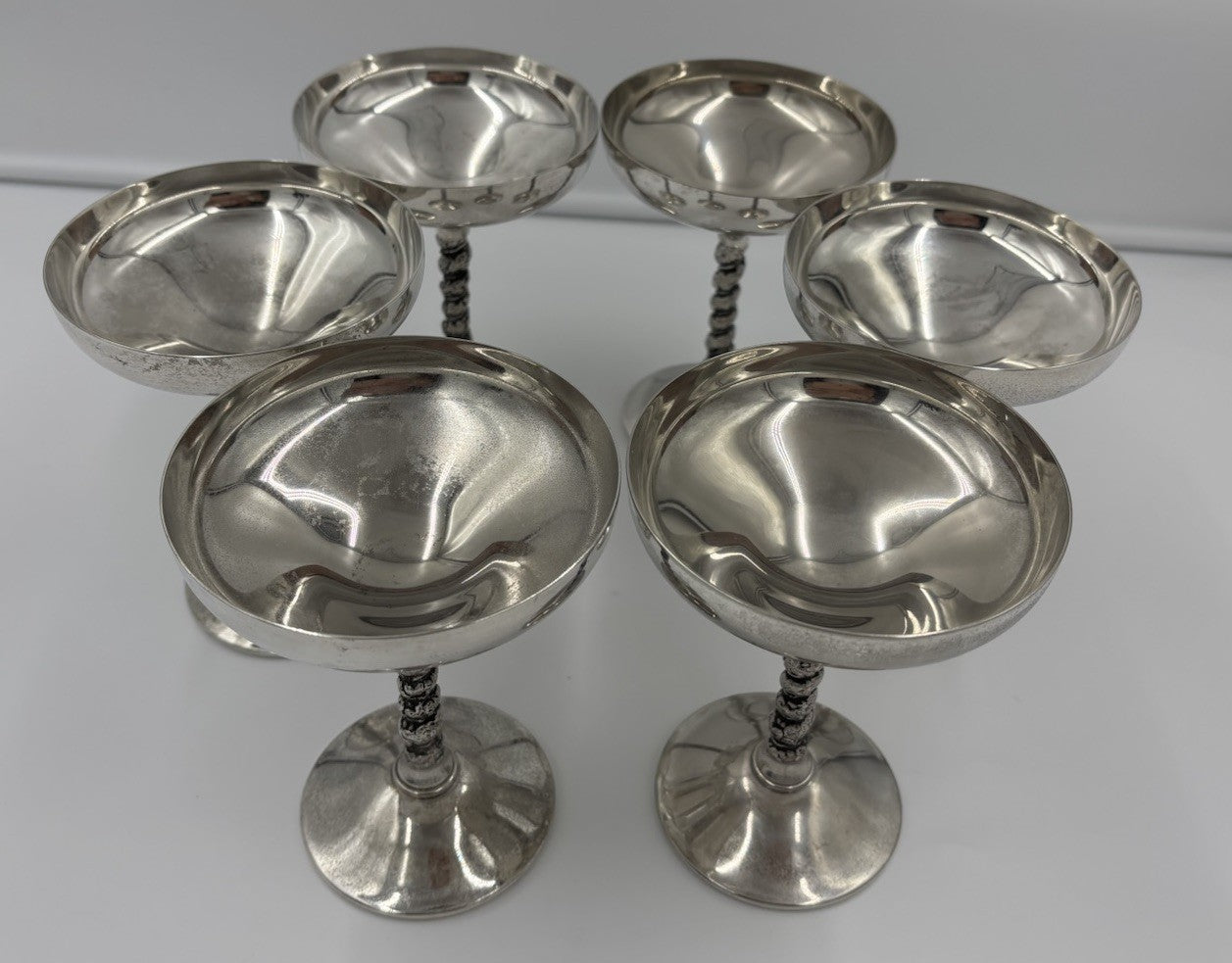 Vintage Valero Spain Silver Plated Coupe Glass Set 6 Twisted Stem Dessert