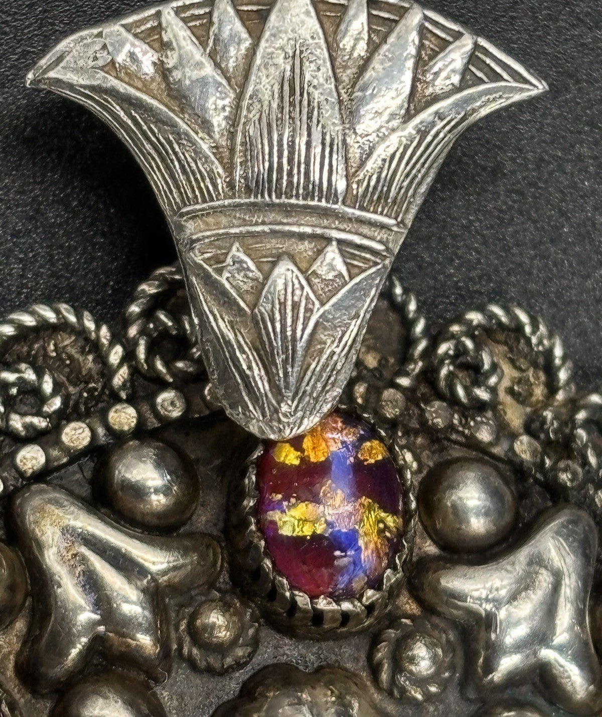 Vintage Sterling Silver Etruscan Egyptian Revival Necklace Foil Art Glass