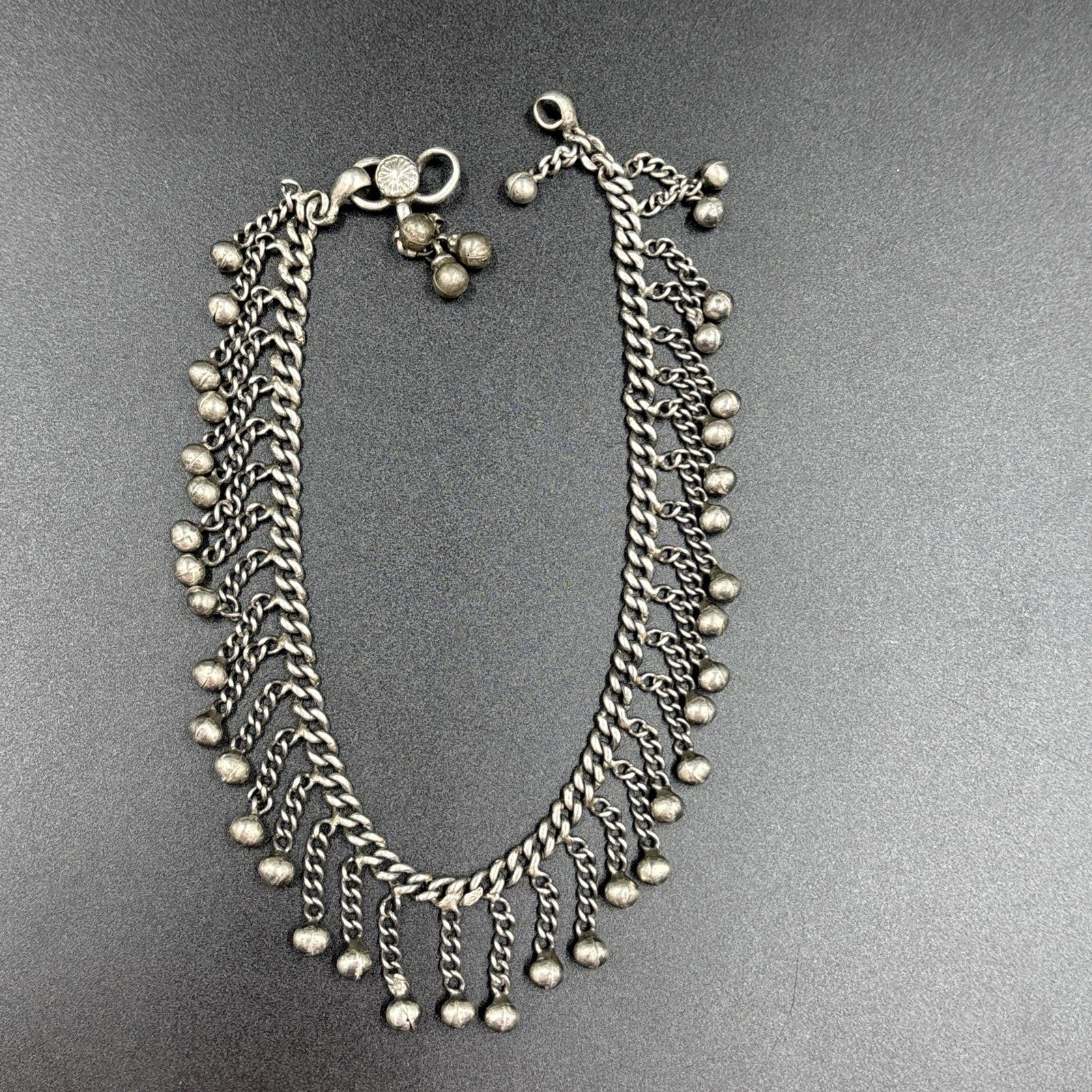 Vintage Sterling Silver Chain Anklet Choker Bells Charm Boho Tribal Jewelry