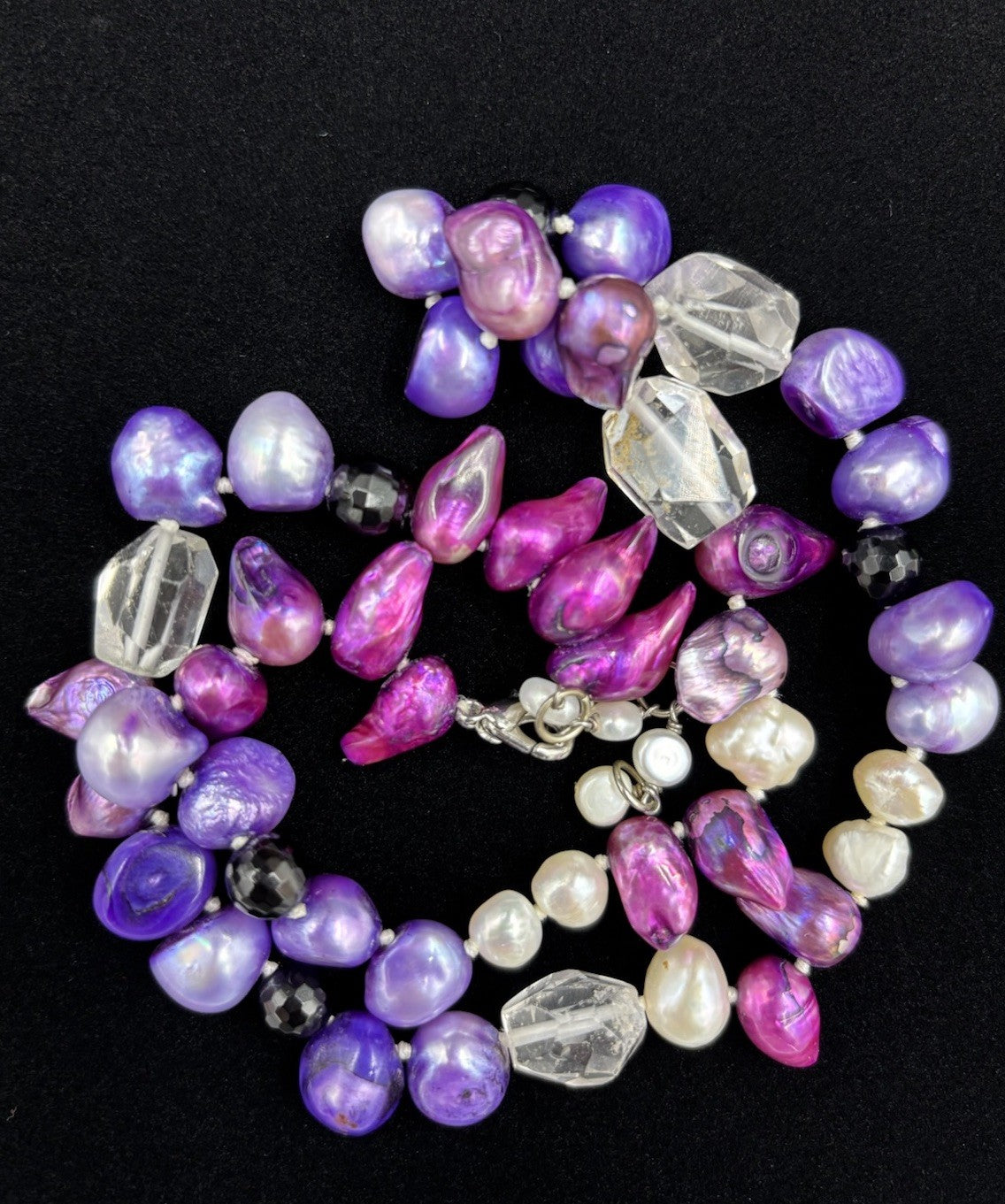 Vintage Y2K Necklace Purple Pink Freshwater Pearls Crystal Bead Strand
