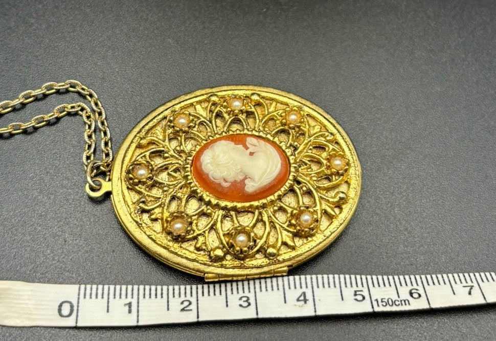 Vintage Cameo Locket Necklace Gold Tone Filigree Faux Pearl Pendant