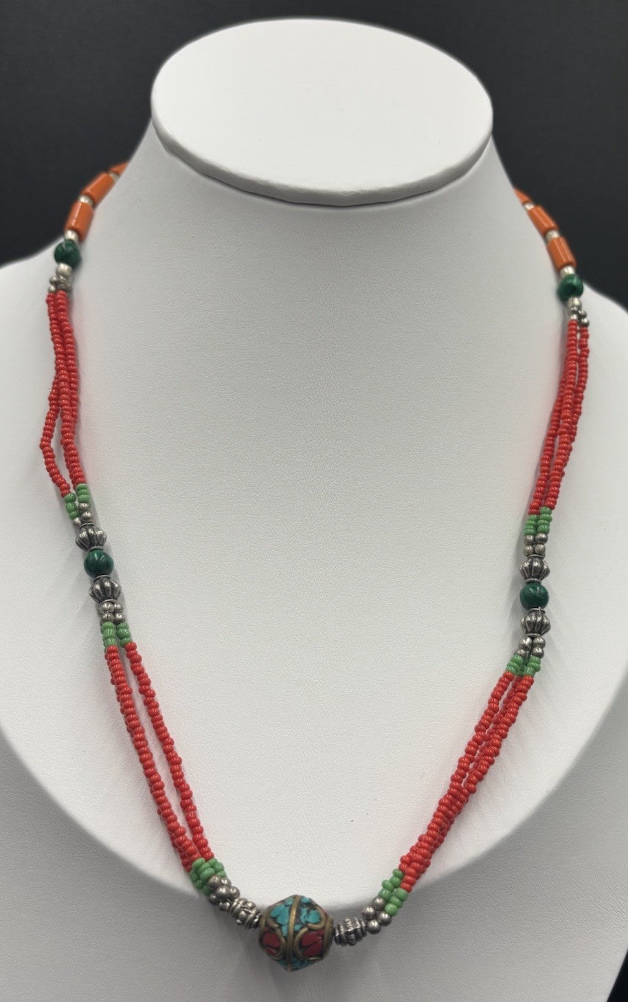 Vintage Tibetan Beaded Necklace Coral, Turquoise & Malachite Style Brass Inlay