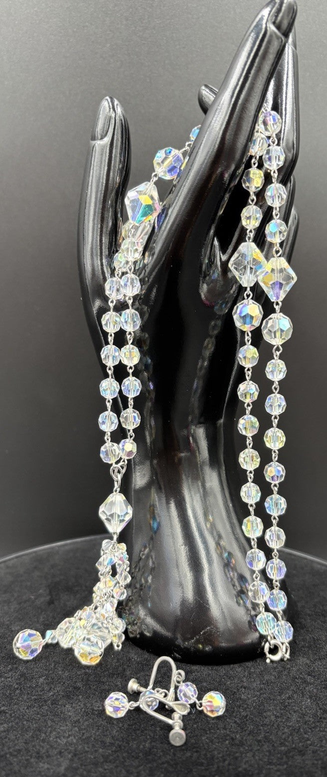Vintage 1950s Aurora Borealis Crystal Necklace & Earrings Set Tassel Drop