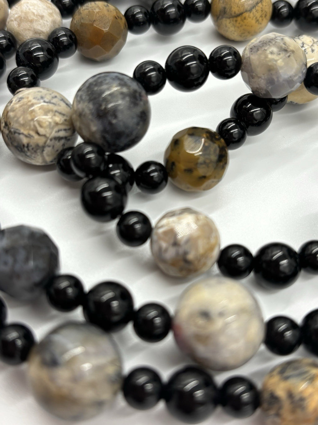 Vintage Picasso Jasper Gemstone Necklace Long Natural Stone With Black Beads