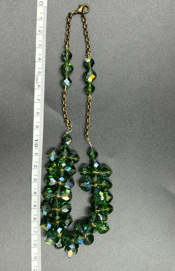 Vintage 1950s Aurora Borealis Green Crystal Bib Necklace & Earrings Set