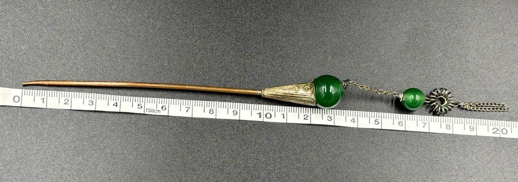 Vintage Chinese Filigree Enamel Hairpin Green Peking Glass Cabochon Beads