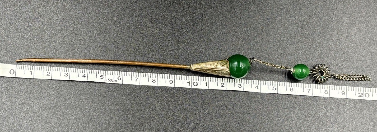 Vintage Chinese Filigree Enamel Hairpin Green Peking Glass Cabochon Beads