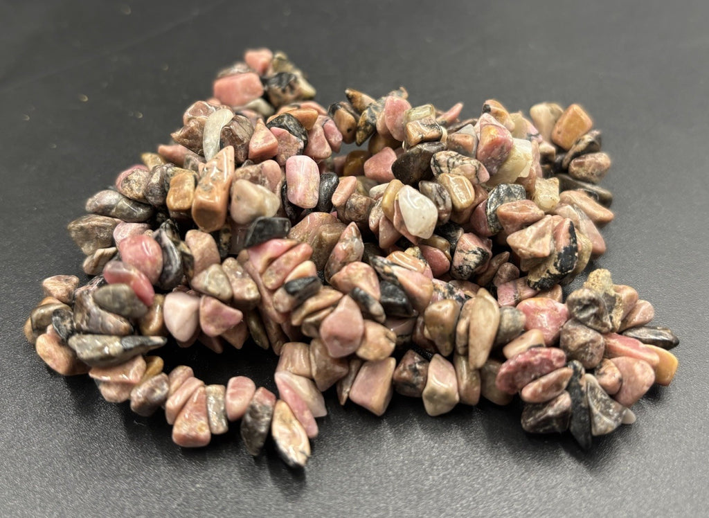 Natural Rhodonite Chip Bead Necklace Pink Black Gemstone Strand