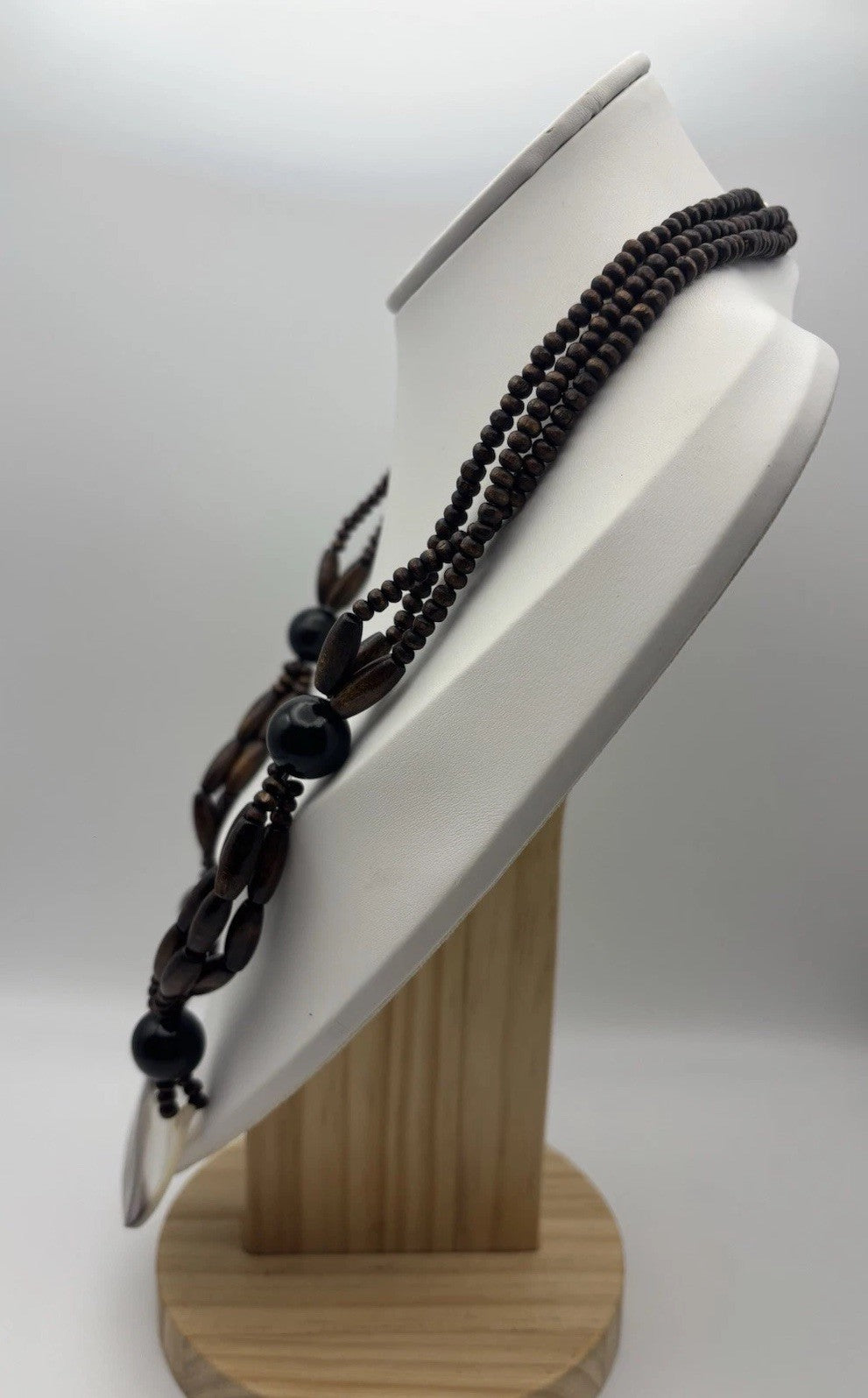 Vintage Tribal Necklace Mother of Pearl Crescent Pendant Wood Beads
