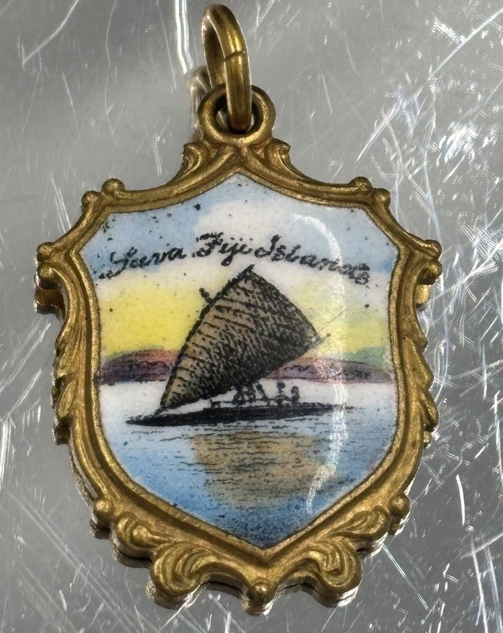 Rare Vintage Enamel Shield Charm Suva Fiji Islands EP Travel Souvenir Pendant