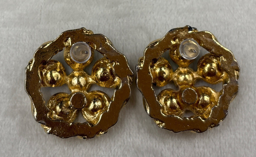 Vintage Mogul Style Pierced Earrings Gold Tone Colourful Glass Rhinestone
