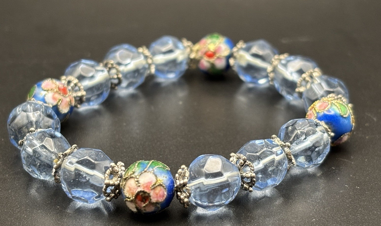 Vintage Blue Glass Bead Necklace Cloisonne Bracelet Set Faceted Czech Style