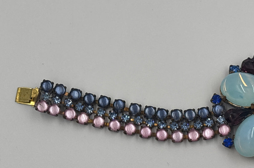 Husár D Vintage Opal Glass Rhinestone Bracelet Floral Czech Designer Jewelry