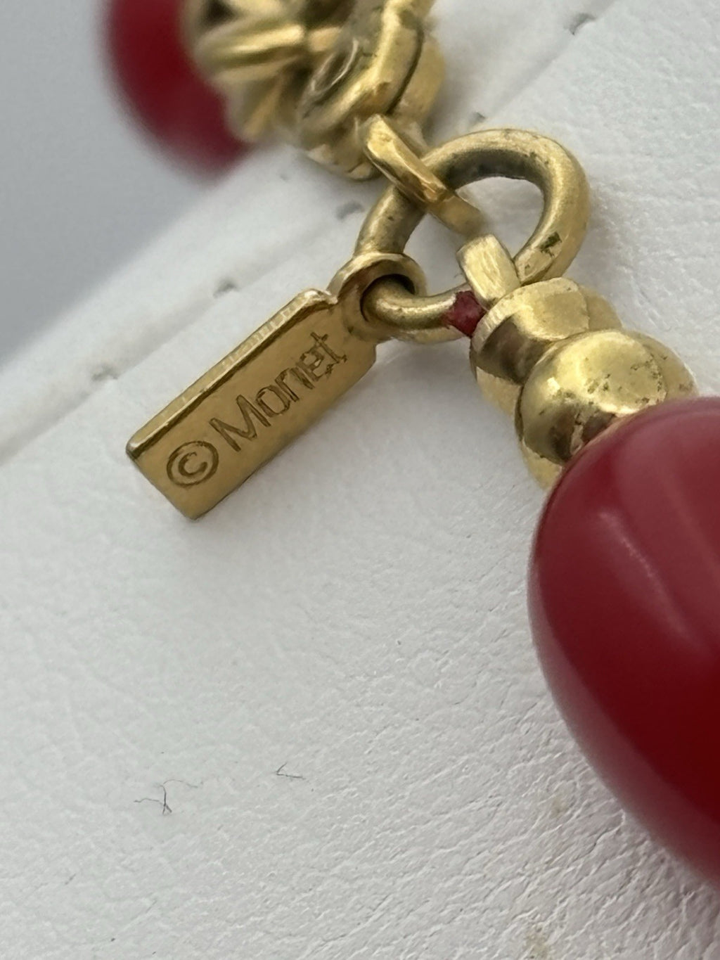 Vintage Monet Red Lucite Bead Necklace Gold Tone Signed Statement Jewelry