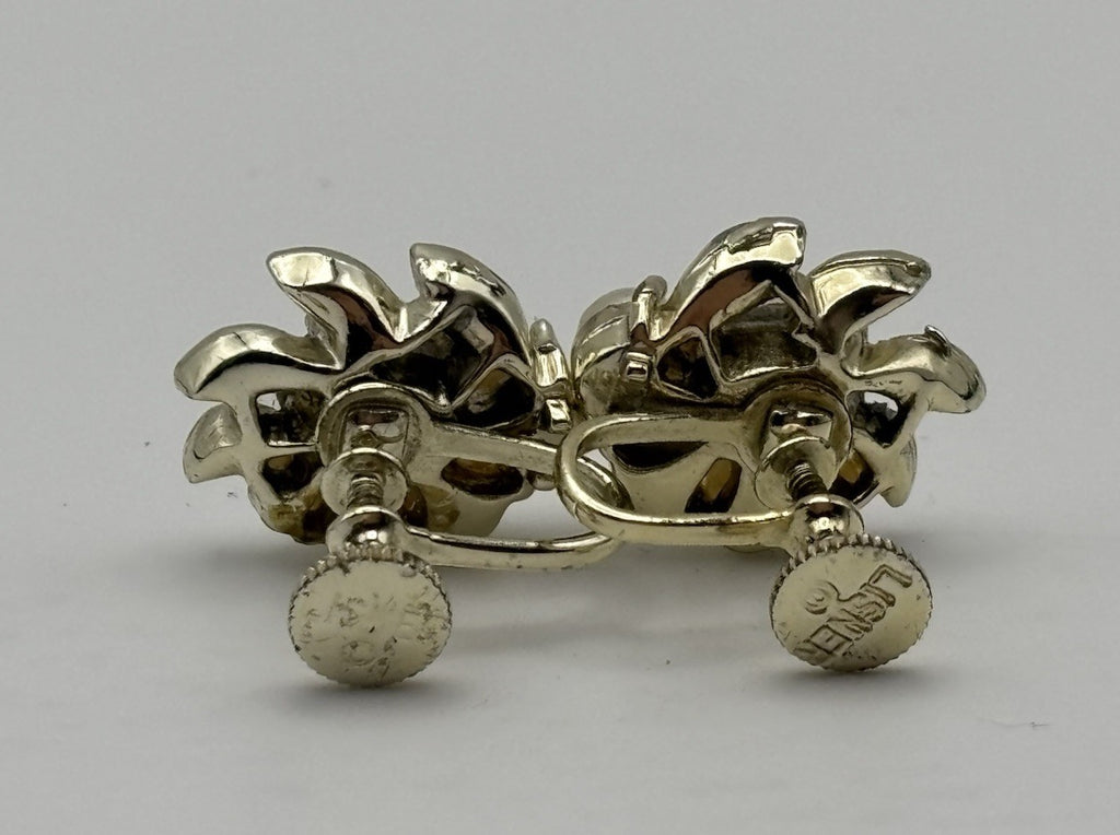 Vintage Lisner AB Rhinestone Faux Pearl Screw Back Earrings Gold Tone Floral