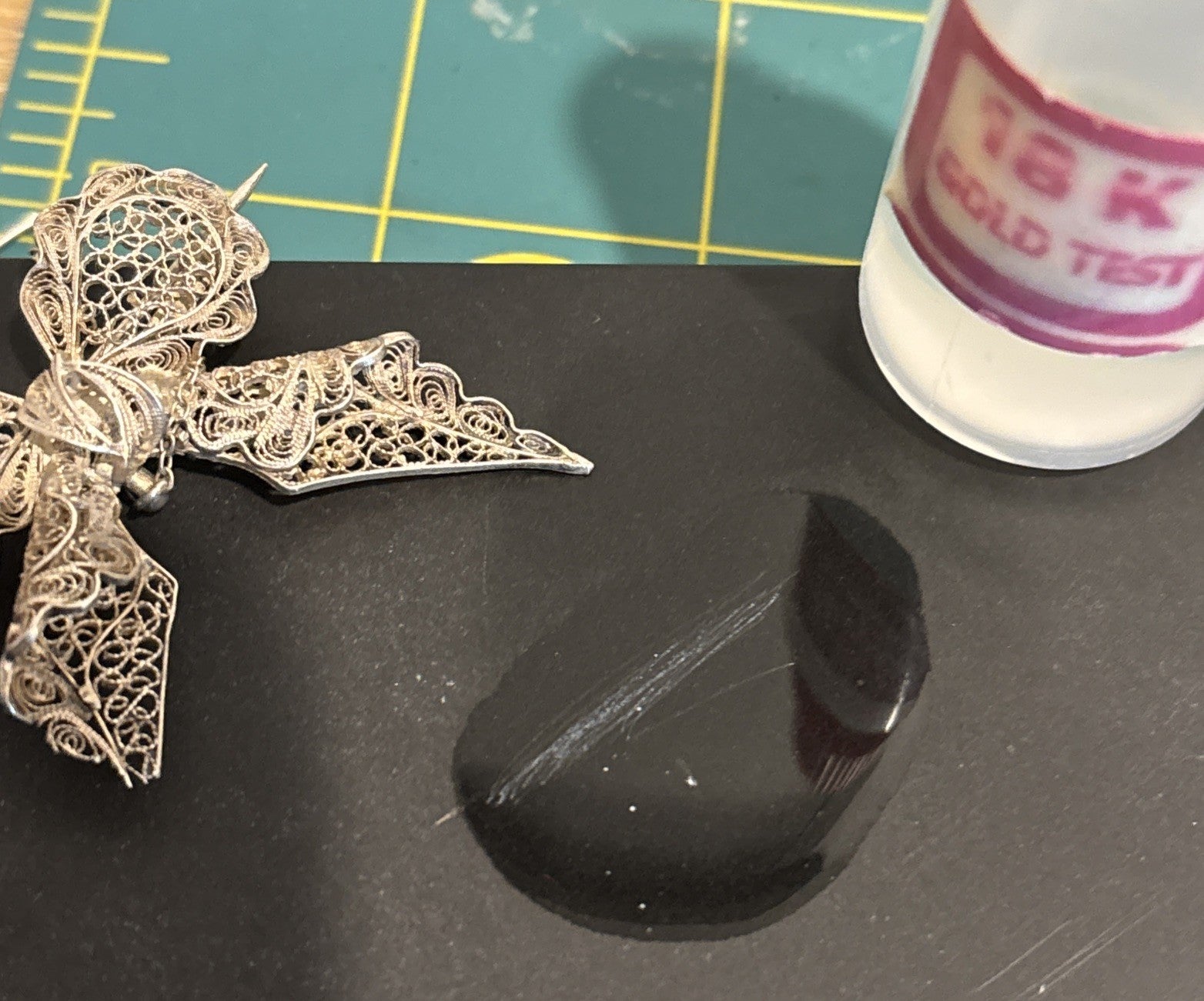 Vintage Sterling Silver Filigree Bow Brooch Safety Chain Art Deco Pin