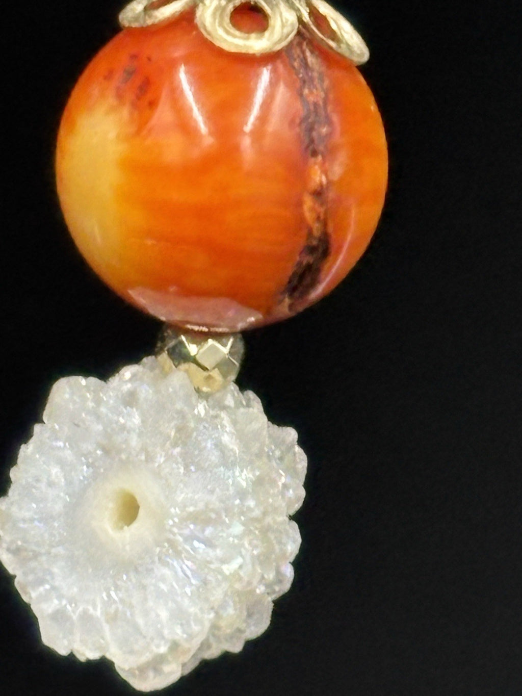 Orange Spiny Oyster & White Druzy Quartz Earrings Artisan Boho Jewelry”