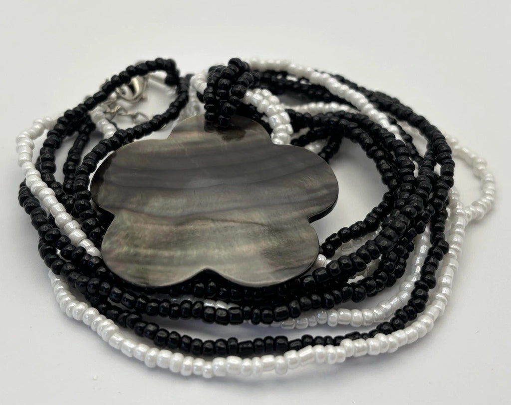 Mother of Pearl Flower Pendant Necklace Black & White Seed Beads