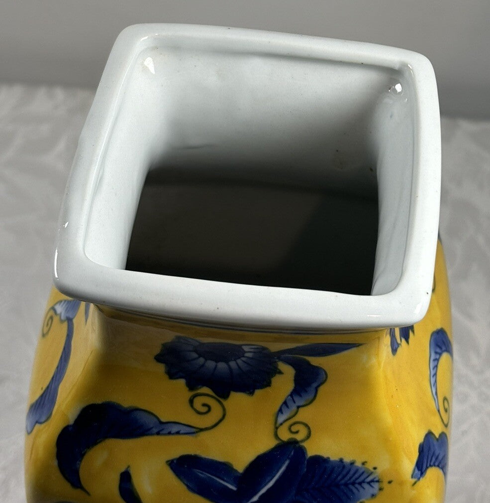 Hand Painted Chinese Porcelain Vase Square Shape – Blue Floral on Yellow Glaze