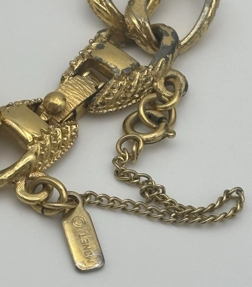 Vintage Monet Gold Tone Clover Charm Bracelet Textured Chain Signed Mid Century