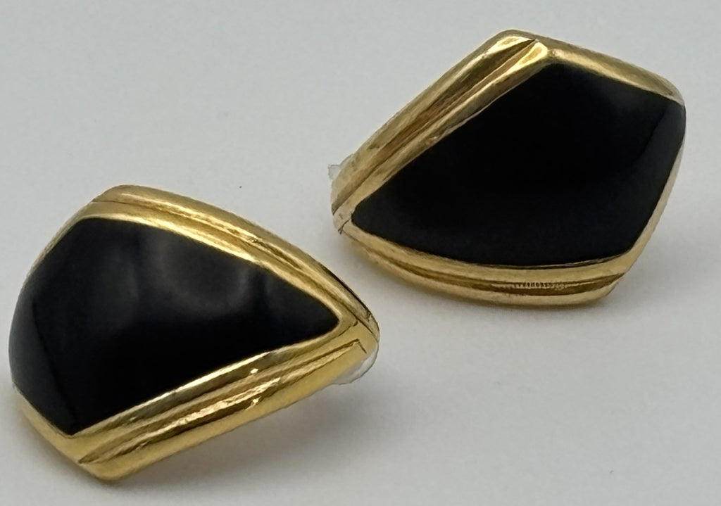 Vintage Monet Black Enamel Gold Tone Earrings Signed Designer Jewelry