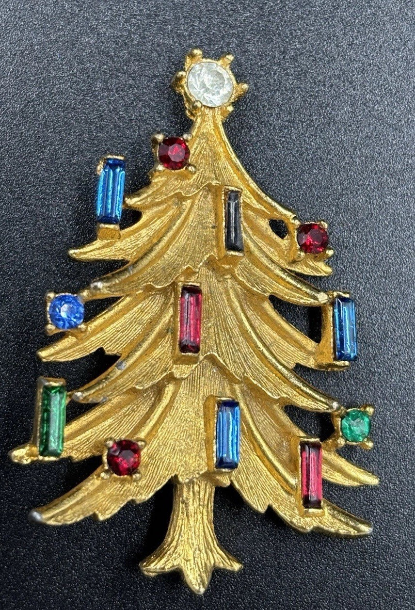 Vtg Gold Tone Christmas Tree Holiday Brooch  Pin Rhinestones Signed Mamselle