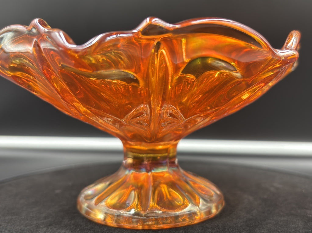 Vintage Carnival Glass Ruffled Footed Bowl Marigold Iridescent Dish