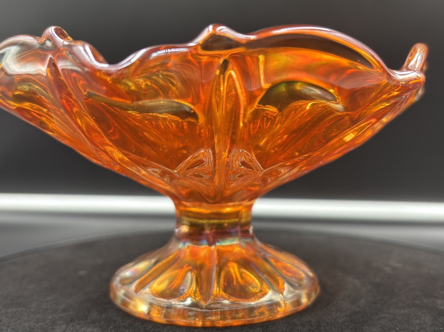 Vintage Carnival Glass Ruffled Footed Bowl Marigold Iridescent Dish