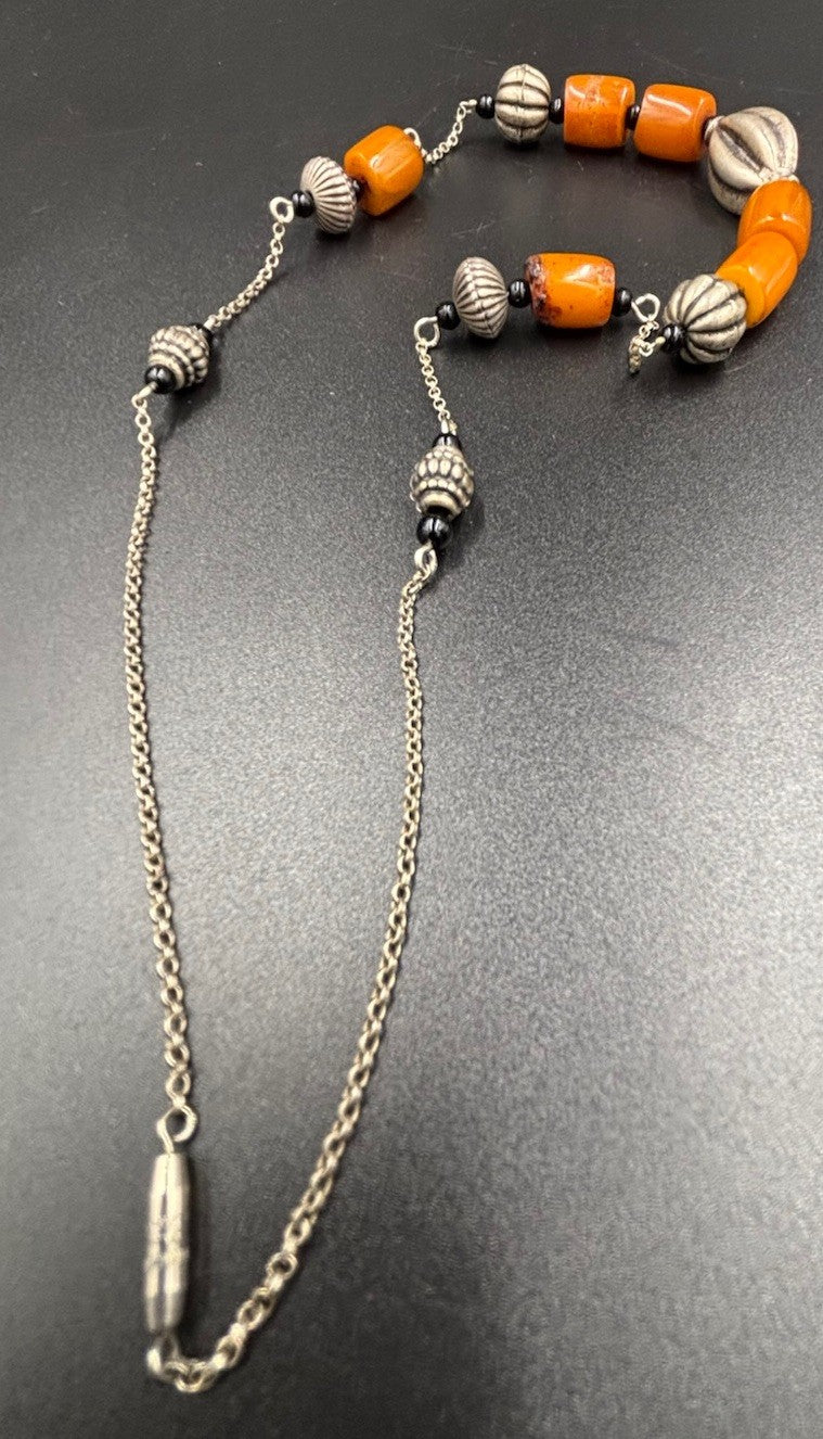 Vtg Butterscotch Bakelite Necklace Yellow & Silver Tone Bead Jewellery