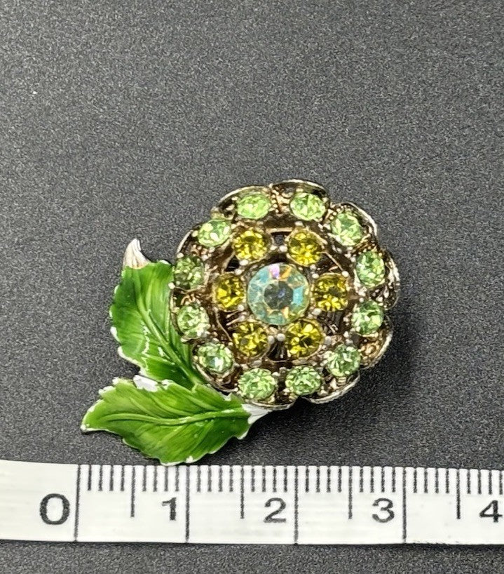 Vintage Green Rhinestone Flower Clip On Earrings Enamel Leaves Mid Century