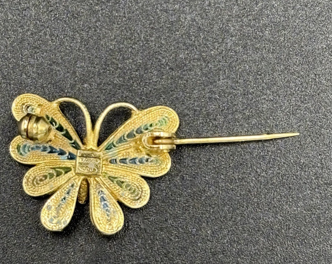 Vintage 800 Silver Enamel Butterfly Brooch Blue Green Vermeil