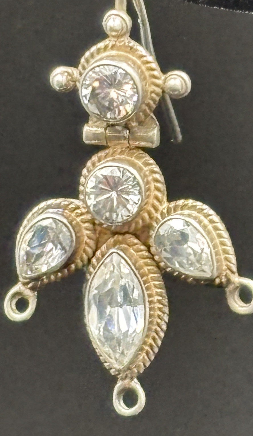 Antique Sterling Silver Crystal Drop Earrings Ornate Bezel Set 925 Design
