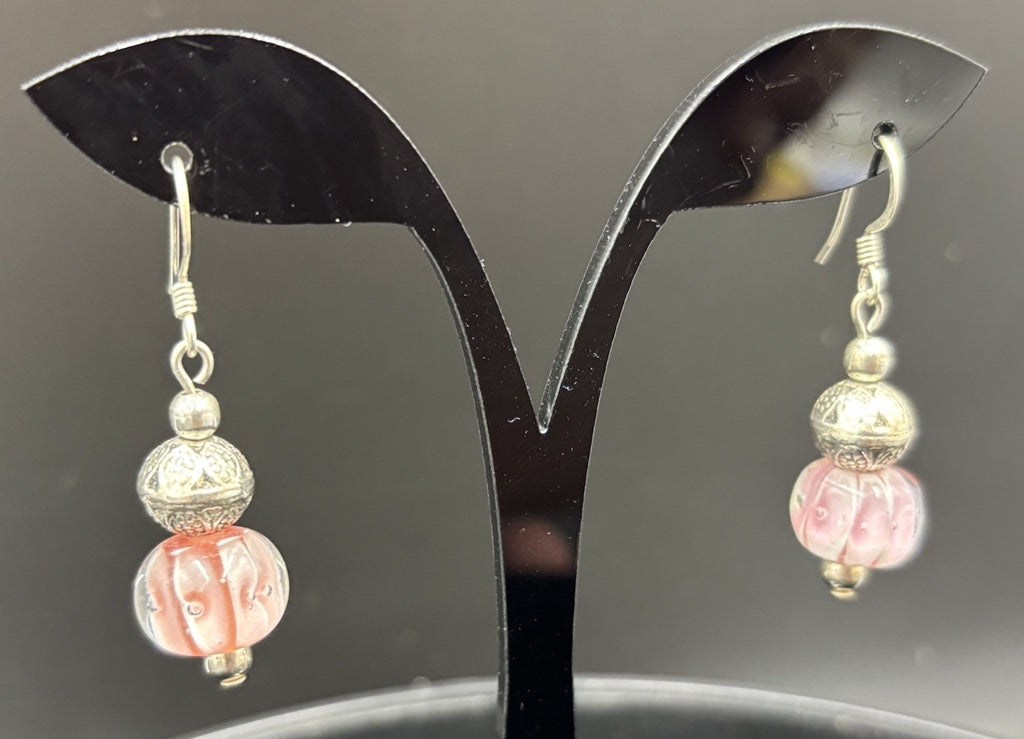 Vintage Pink Lampwork Glass Earrings Silver Tone Filigree Bead Drop