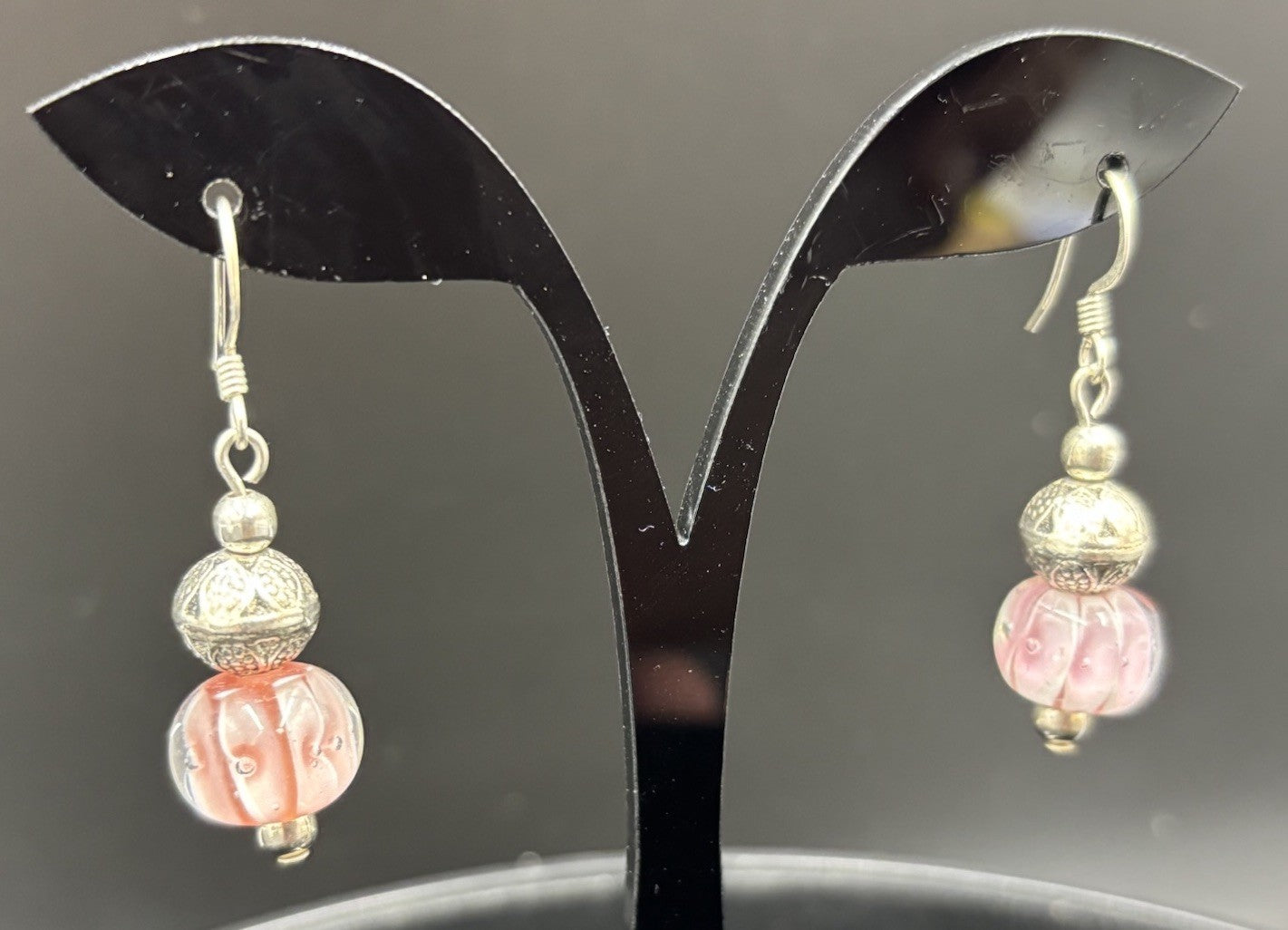 Vintage Pink Lampwork Glass Earrings Silver Tone Filigree Bead Drop