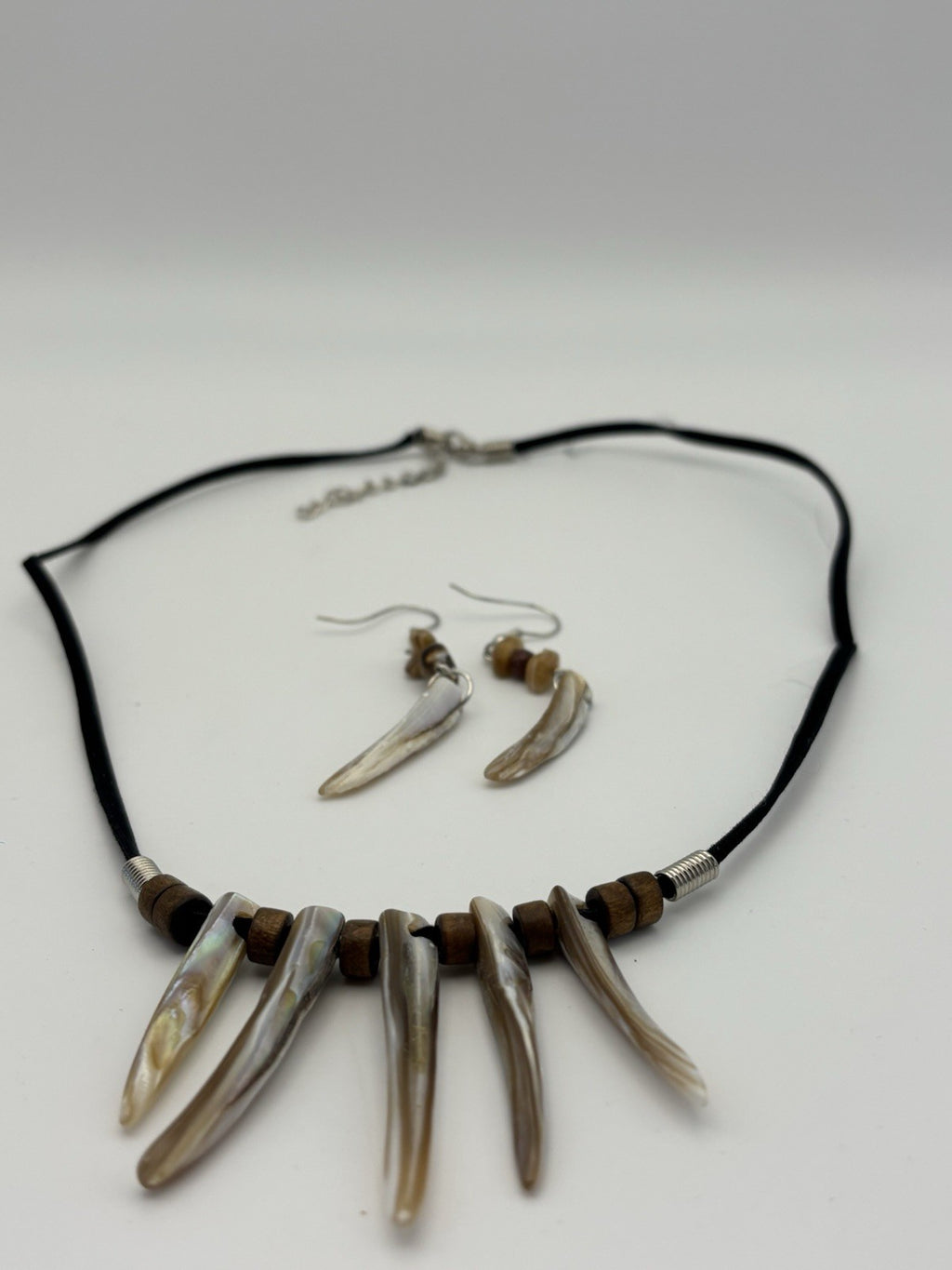 Tribal Shell Spike Necklace Earrings Set Boho Surfer Black Cord Natural Jewelry