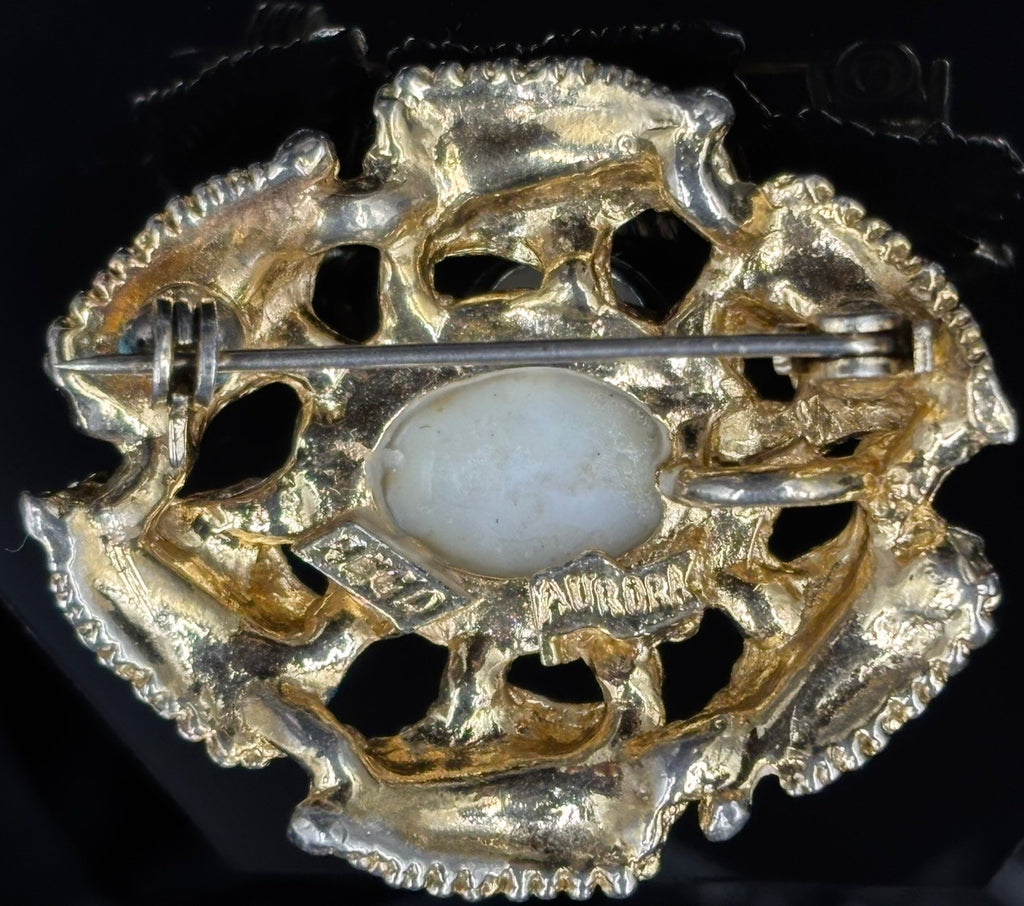 Vintage Aurora Regd Signed Oval Milk White Gold Plated Leaf Brooch Pendant