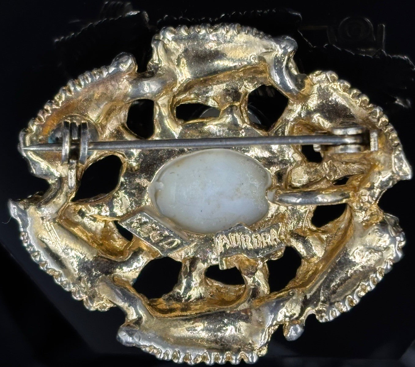 Vintage Aurora Regd Signed Oval Milk White Gold Plated Leaf Brooch Pendant