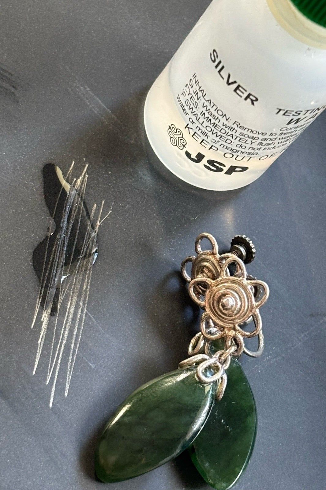 Vintage Silver Nephrite Jade Earrings Screw Back Floral Drop Jewelry 1950s