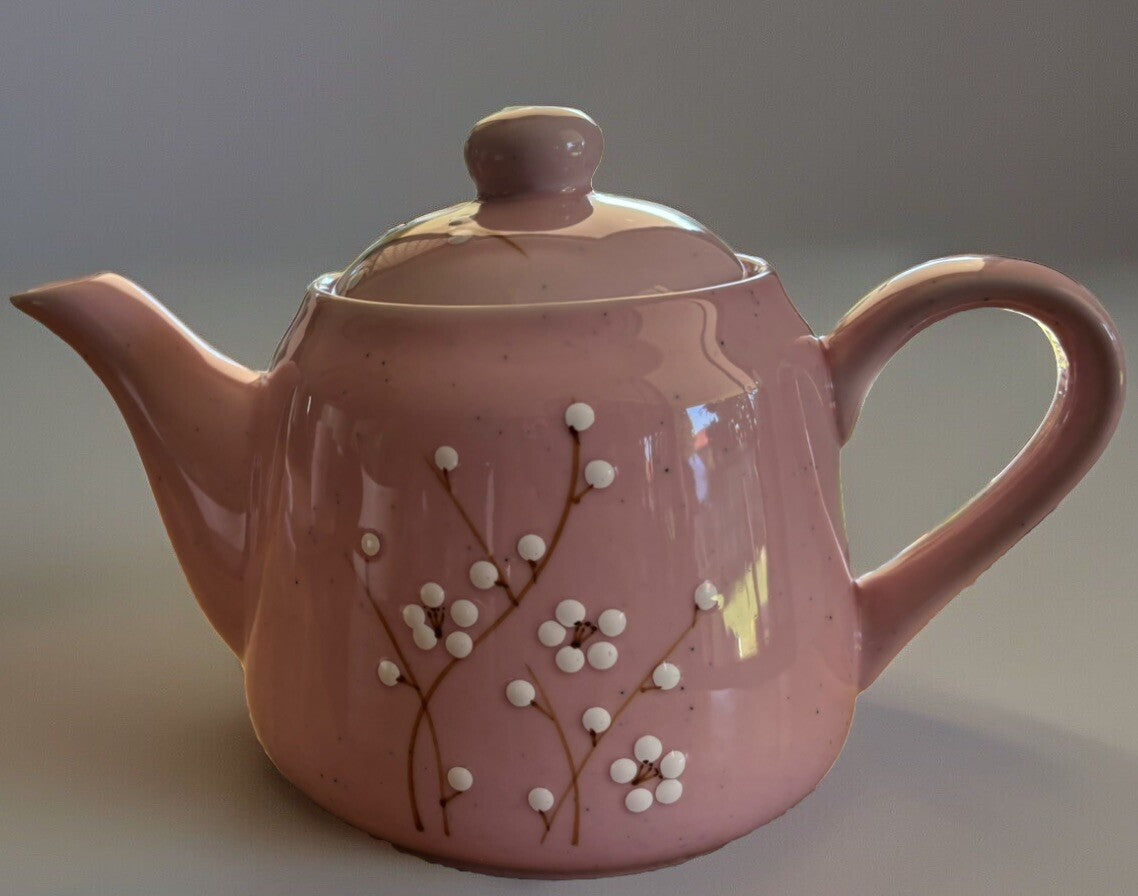 Modern Living Pink Cherry Blossom Tea Set – Teapot, Cup & Tray, Stoneware