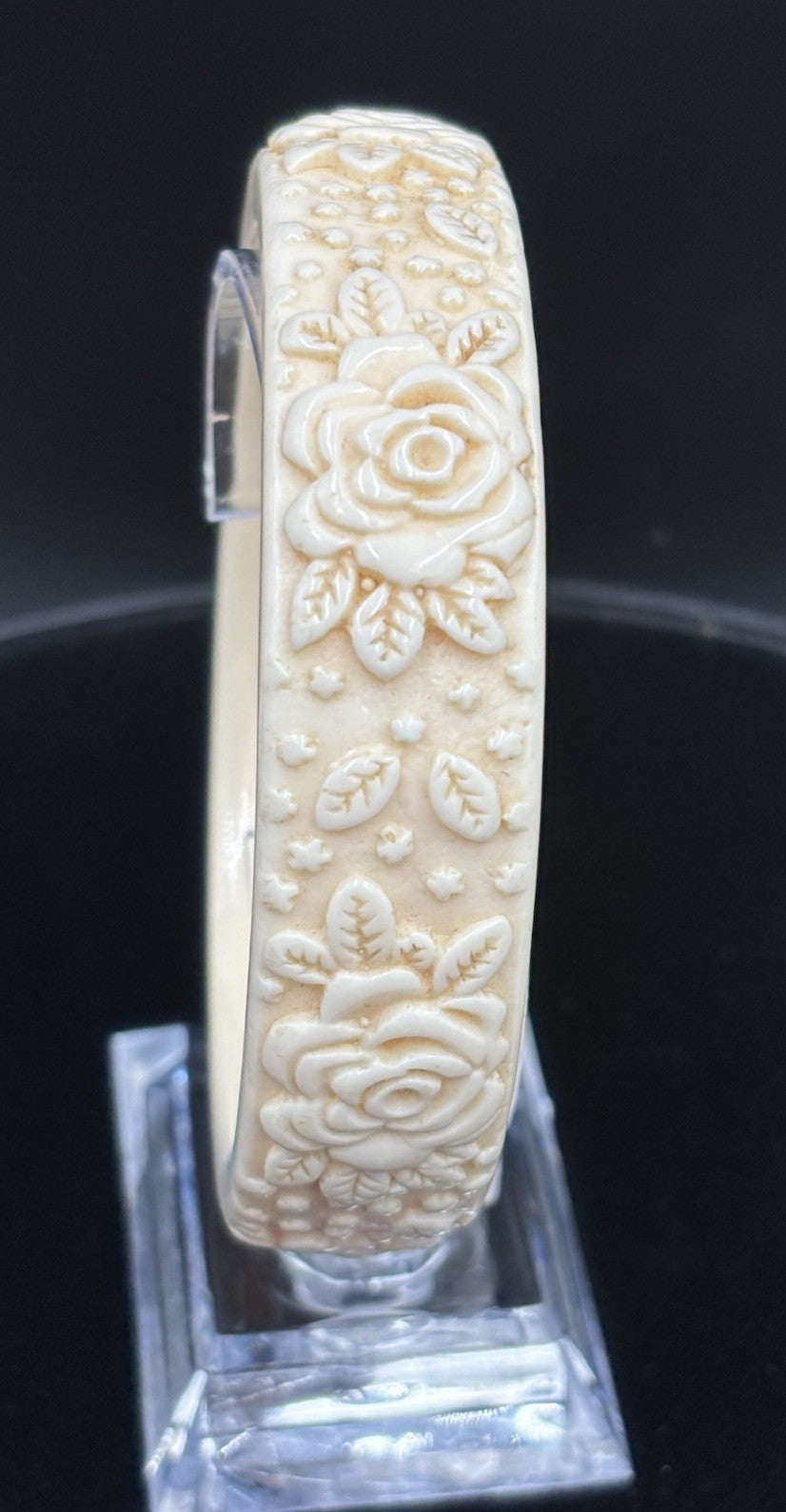 Vintage Carved Floral Cream Tone Bangle Early Plastic Celluloid Era