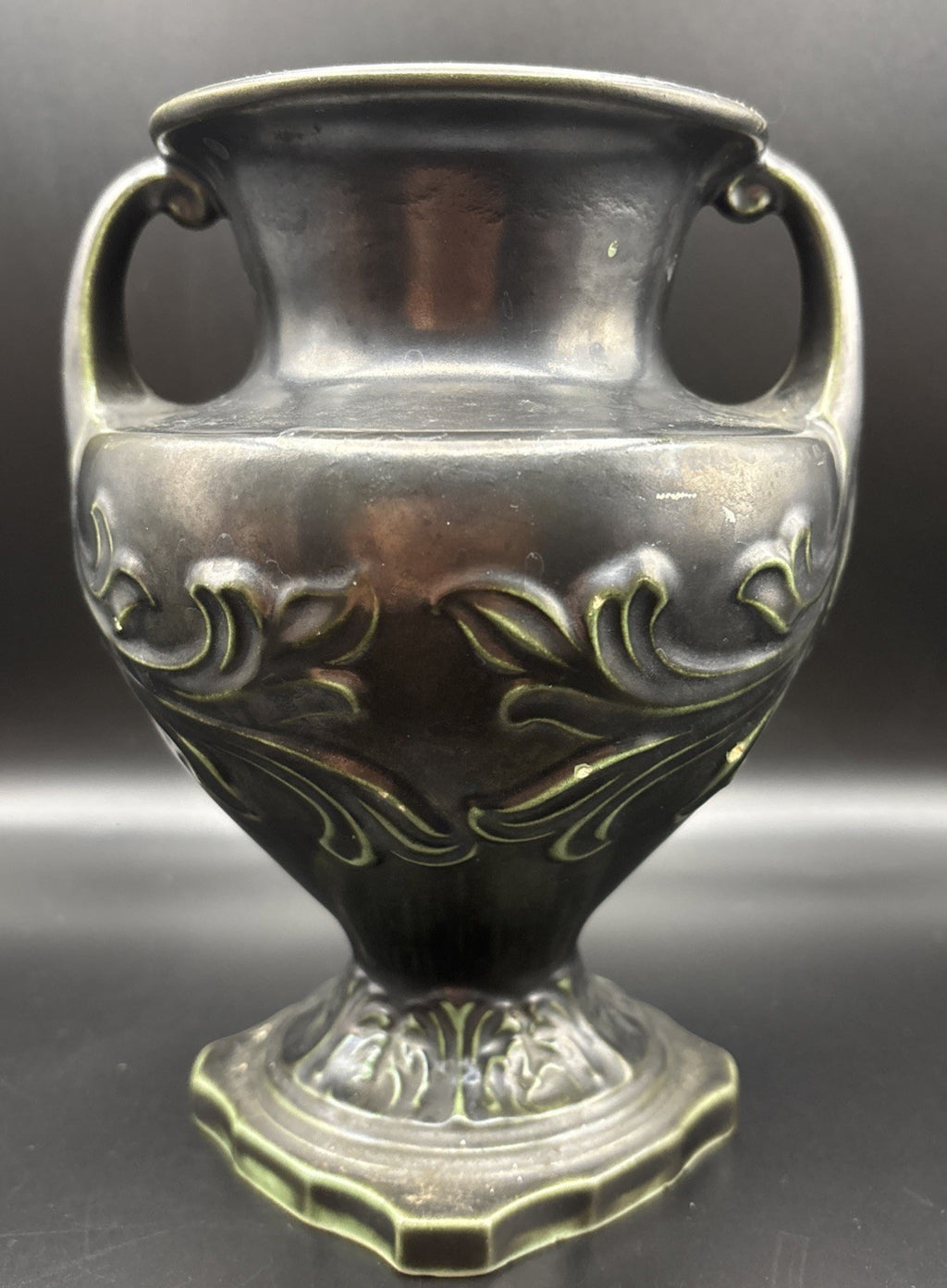 Vintage European Art Nouveau Handled Vase Dark Metallic Glaze Relief Urn