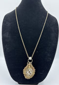 Pam Miran Vintage Signed Wooden Beaded Lariat Brass Tone Lang Necklace