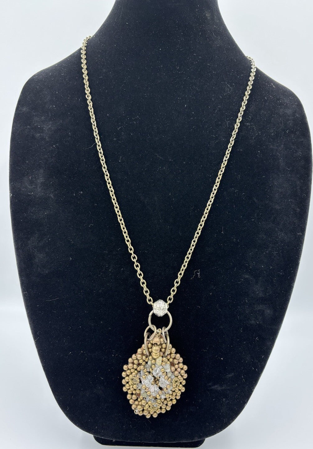 Pam Miran Vintage Signed Wooden Beaded Lariat Brass Tone Lang Necklace